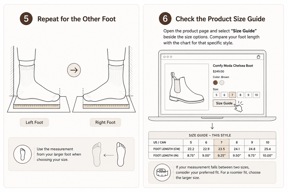 Checking the product size guide after measuring both feet
