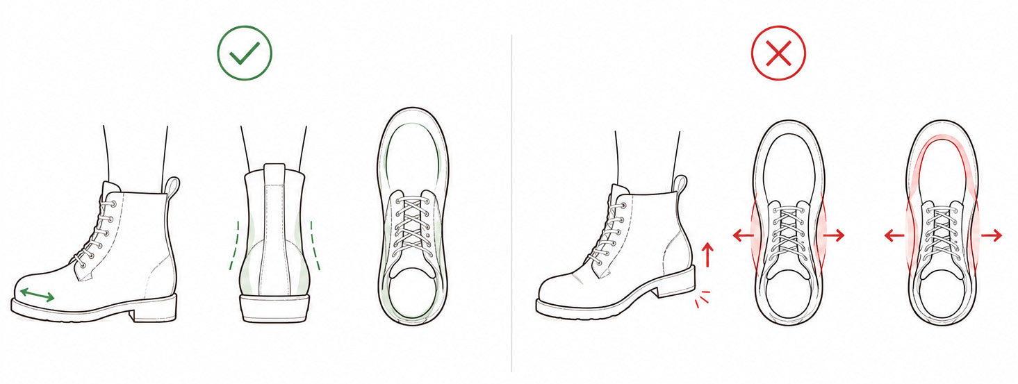 Boot fit guide showing toe room, forefoot, instep and heel